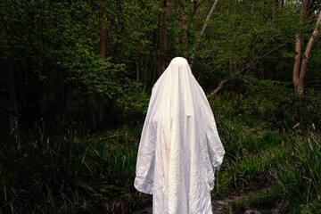 A spooky ghost with a white sheet. Standing in a forest