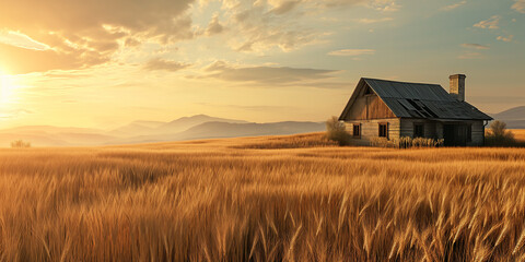 A wheat field landscape with a house