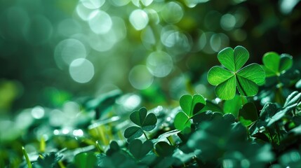 Clover leaves on green blurred background with bokeh with space for text