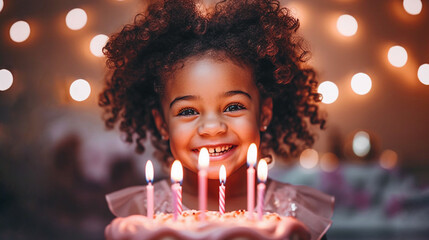 Cute African 6 year old curly girl in a pink dress smiles at her birthday party. A girl stands next to a cake with burning candles. Festive dessert. Garland in blur. Children's birthday concept - Powered by Adobe