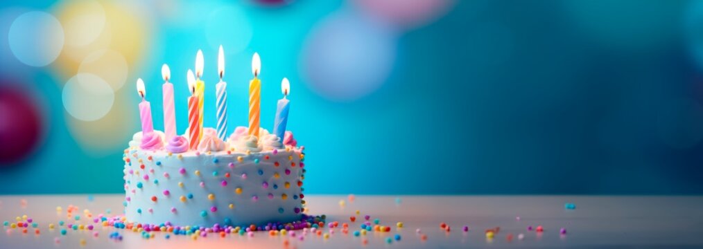 colorful birthday cake with candles, party blurred background, , hcolorful birthday cake with candles, party blurred background, , horizontal banner, copy space forizontal banner, copy space for text.