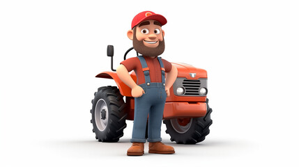 cartoon of tractor and farmer in white background