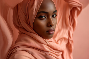 Peach fuzz, color of the year 2024, Elegant Portrait of woman in Soft Peach Hijab, Celebrating Cultural Diversity