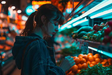 Naklejka premium Young woman shopping in a colorful market at night, neon lights illuminating fresh produce, capturing urban lifestyle.