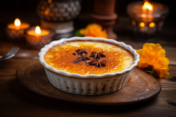 Creme brulee traditional French vanilla cream dessert with aniseed on wooden board, rustic style