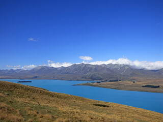 Lake Tekapo viewed from Mt. John Observatory. Clear blue waters in the summer. New Zealand South Island, Aoraki National park. Mountains in the background.