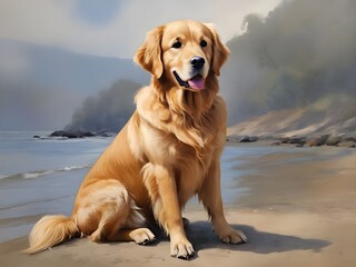 Painting of a golden retriever sitting. Generative AI