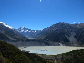 Mueller hut track, Aoraki National park, New Zealand. Southern Alps and Mt. Cook in the background, glacial lake in the front. Sunny day in the summer with clear skies and beautiful view.