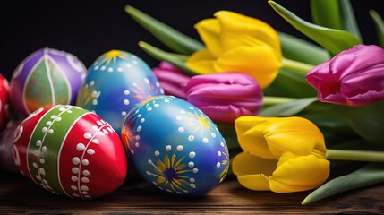 Obraz na płótnie Canvas color painted eggs in with tulip flower on wooden table with , spring flower bouquet , Easter day background wallpaper, Generative Ai