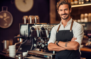 Portrait of a handsome smiling male barista 