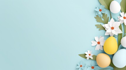 top view paper craft style illustration, Easter holiday background with eggs and flowers, Generative Ai
