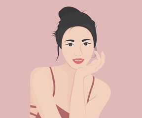 A young woman with beautiful skin, gentle and happy life. Healthy. Healthcare concept vector illustration.