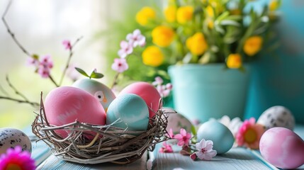 Obraz na płótnie Canvas color painted eggs in twig nest, close up Easter egg on wooden table, Easter day background wallpaper, Generative Ai