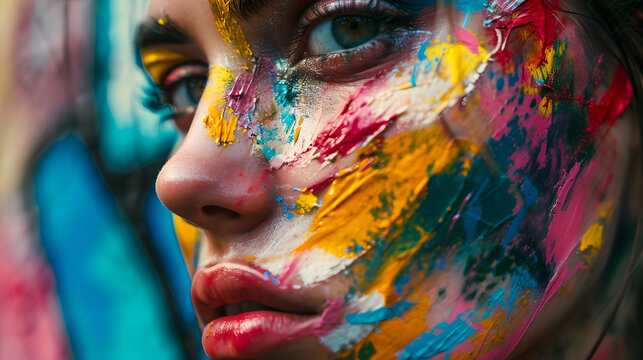 beauty model woman with vibrant makeup in the face with graffiti street wall background