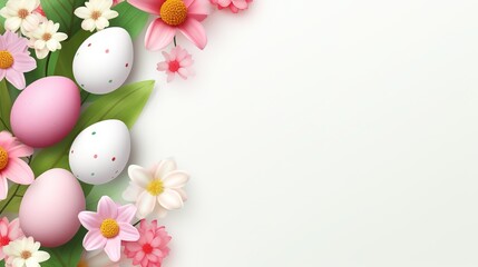 top view paper craft style illustration, Easter holiday background with eggs and flowers, Generative Ai