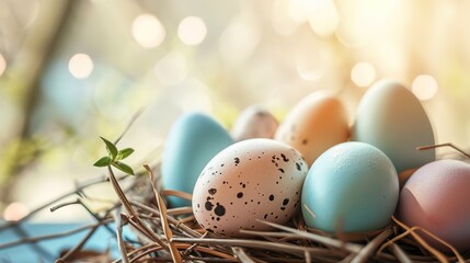Naklejka na ściany i meble color painted eggs in twig nest, close up Easter egg on wooden table with bokeh light, Easter day background wallpaper, Generative Ai
