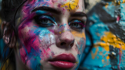 beauty model woman with vibrant makeup in the face with graffiti street wall background