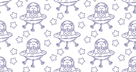 Cat in space seamless pattern. Children's coloring book on a white background isolated. Line drawing vector illustration with cute space cats.