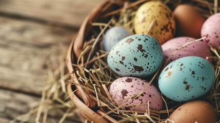 Obraz premium color painted eggs in twig nest, close up Easter egg on wooden table, Easter day background wallpaper, Generative Ai