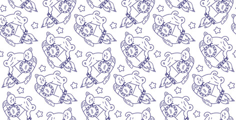 Cat in space seamless pattern. Children's coloring book on a white background isolated. Line drawing vector illustration with cute space cats.