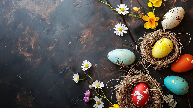 color painted eggs in twig nest, close up Easter egg on wooden table with spring flower scattered ,  Easter day background wallpaper, Generative Ai