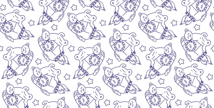 Cat in space seamless pattern. Children's coloring book on a white background isolated. Line drawing vector illustration with cute space cats.