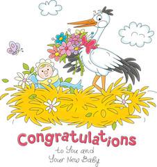 Birthday card with a funny white stork with a bouquet of colorful flowers and cute newborn baby in a large straw nest, vector cartoon illustration