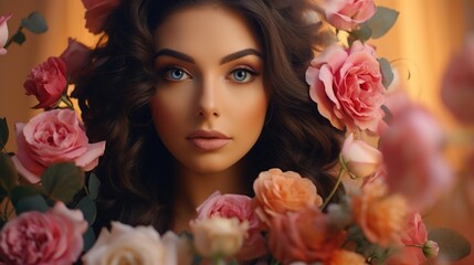 Close-up portrait of a beautiful young brunette woman looking into the camera surrounded by pink roses. Spring, youth, beauty, makeup, skin care concepts.