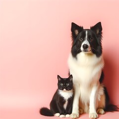 Cat and dog peacefully seated on a pink backdrop. Banner featuring adorable pets.