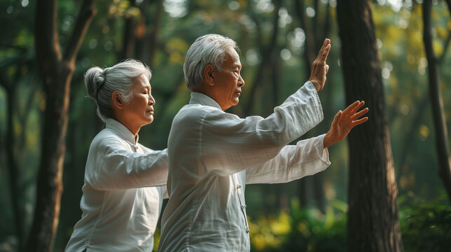 Senior couple in the park practicing qigong 