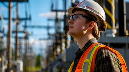 An electrical engineer in reflective safety gear inspects a power station with high voltage towers in the background.