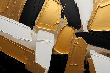 Closeup of abstract black , white and gold texture background. Oil, acrylic brushstroke, pallet knife paint on canvas. Art Canvas Banner.