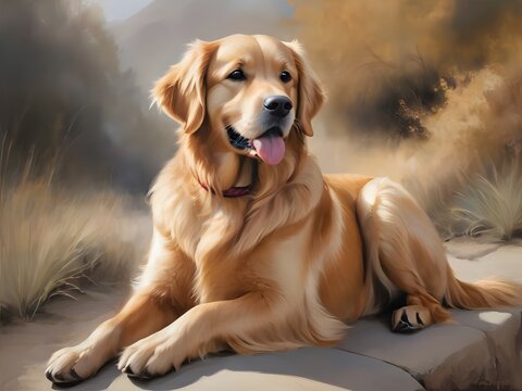 Painting of a golden retriever sitting. Generative AI