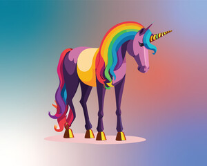 Cute cartoon character happy magic unicorn with rainbow mane and tail. Vector illustration
