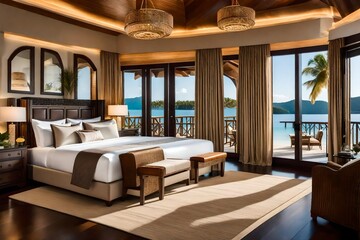 Indulge in the lap of luxury with a super realistic stock photo featuring a sumptuous Beach bedroom – modern and opulent, offering a serene lakeside view. 