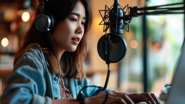 Young Asian woman use microphones wear headphones live streaming podcast review on social media.