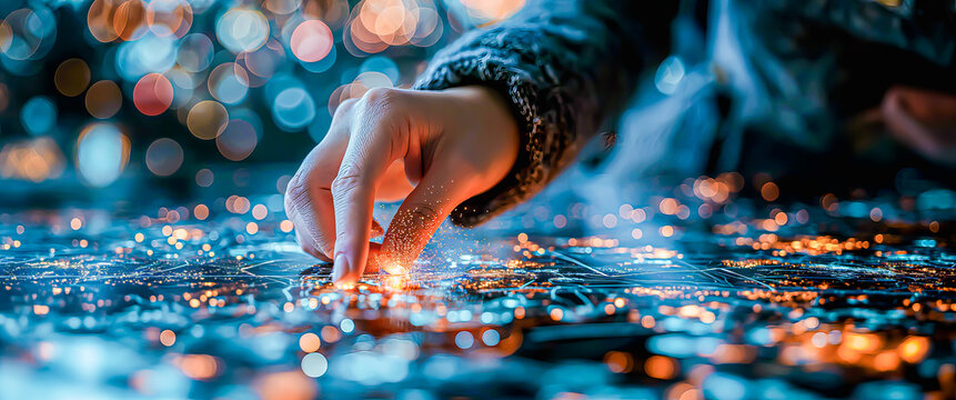 A hand is pointing a finger at a map with lights in the background, in the style of technological marvels.