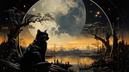 Black cat on art background