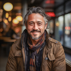 Obraz premium man Caucasian and Asian features smiling, blurred background. generated by ai