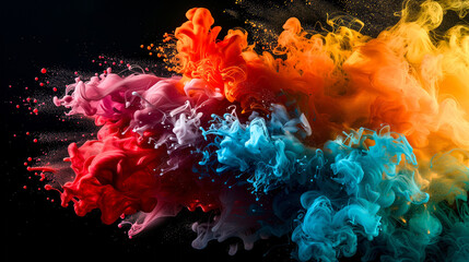 explosion of ink and coloured powder on a black generated by ai