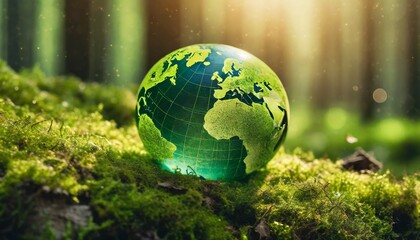 Obraz na płótnie Canvas Green Globe In Forest With Moss And Defocused Abstract Sunlight. Earth Day, Environment