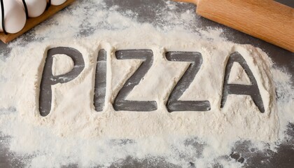 Pizza text written on the table with bread flour	
