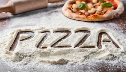 Pizza text written on the table with bread flour	
