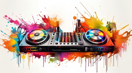 A bright watercolor control panel and a DJ mixing console for playing music on a white background.