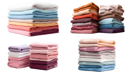 Stacks of colorful bright clothes or fabric on a white background. Hygiene and care of the fabric.