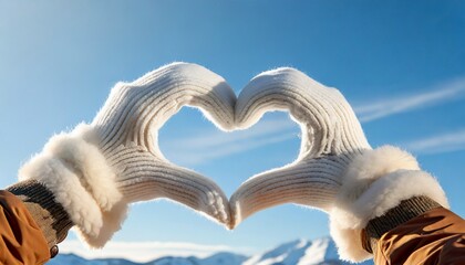 Female hands in winter gloves shaped Heart symbol. Blue sky in the background	
