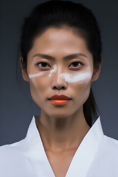 AI generated illustration of a young female model wearing white and orange lipstick