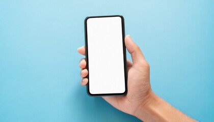 Hand using smartphone with blank screen, isolated on blue background - obrazy, fototapety, plakaty