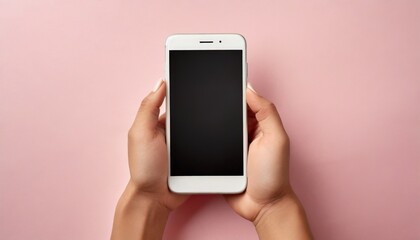 Hand using smartphone with blank screen, isolated on pink background	
