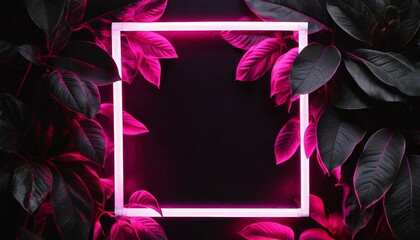 Leaves wall concept, pink neon frame, natural background